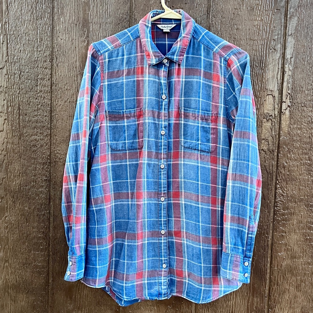Lucky Brand Women’s Blue and Red Plaid Button Down Shirt Size Small